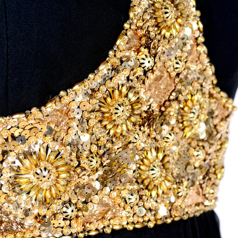 1970s Black Jean Patou Evening Gown Vintage Dress With Gold Beads & Sequins  For Sale 7