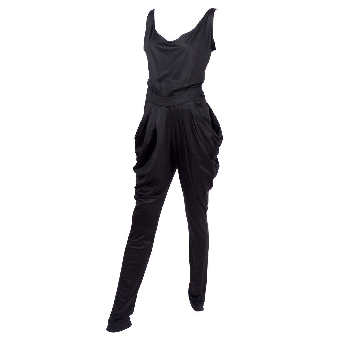 1980s Vintage Harem Style Black Jumpsuit With Gathering and Pockets w ...