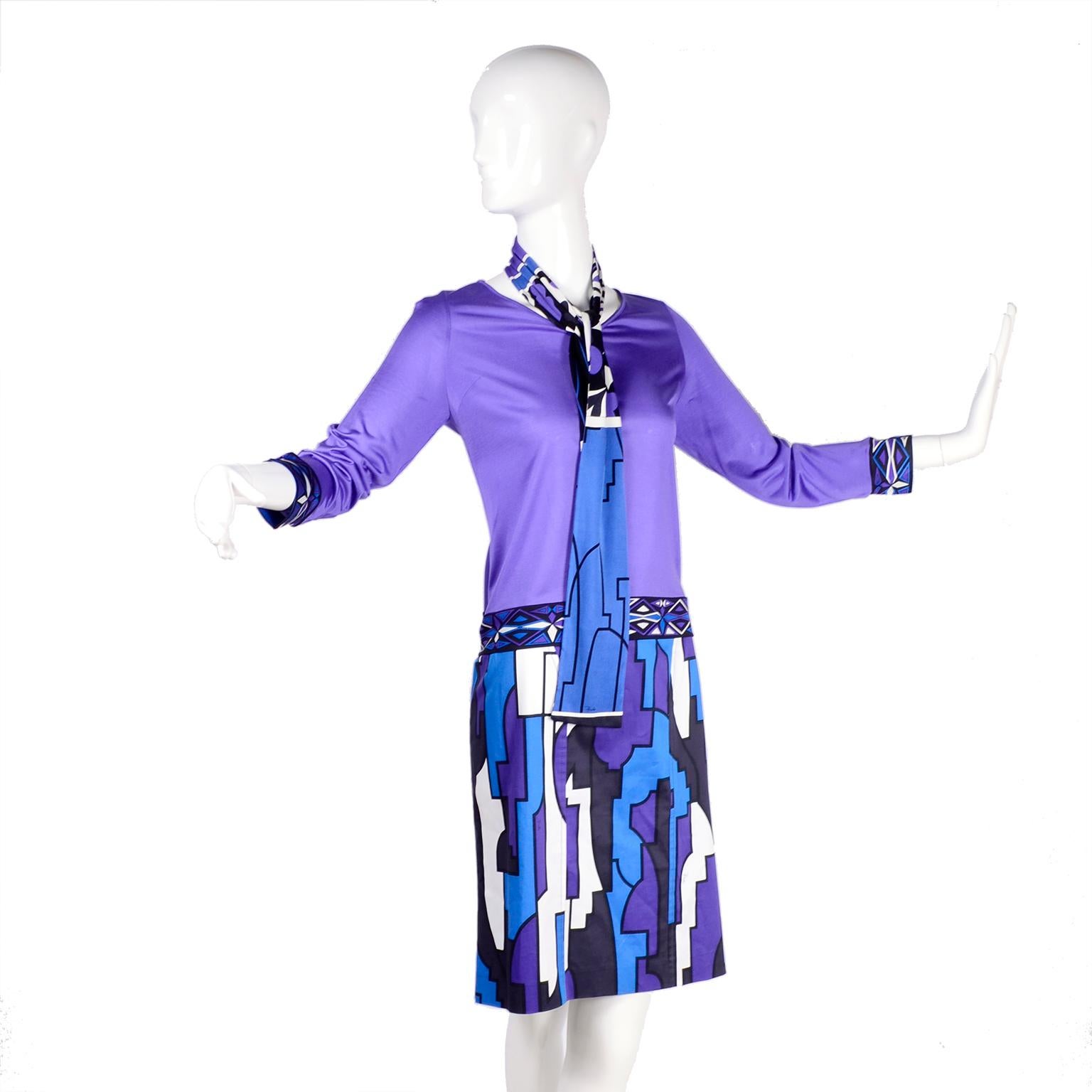 Purple Emilio Pucci Silk Jersey 2 pc Dress Outfit W/ Top Skirt & Coordinating Scarf 