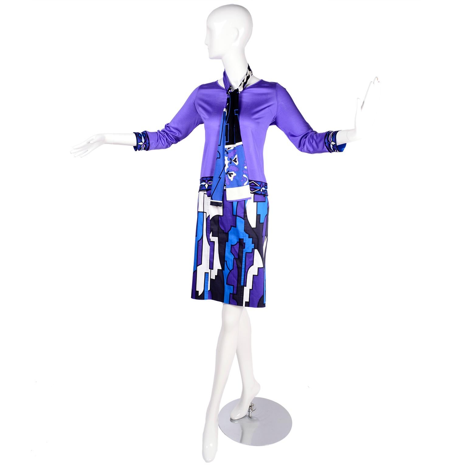 Emilio Pucci Silk Jersey 2 pc Dress Outfit W/ Top Skirt & Coordinating Scarf  6