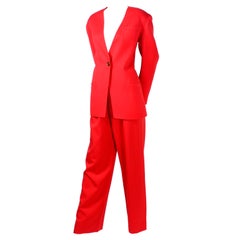 3pc Vintage Bill Blass Red Orange Wool Blazer Pantsuit W/ Skirt Option I Magnin