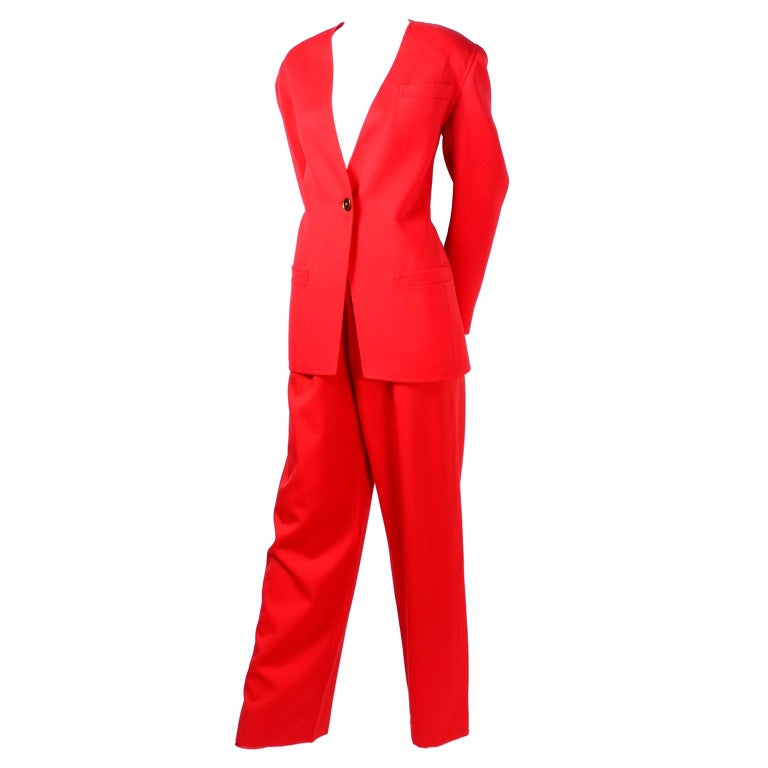 3pc Vintage Bill Blass Red Orange Wool Blazer Pantsuit W Skirt Option I Magnin For Sale At 1stdibs Orange Pantsuit