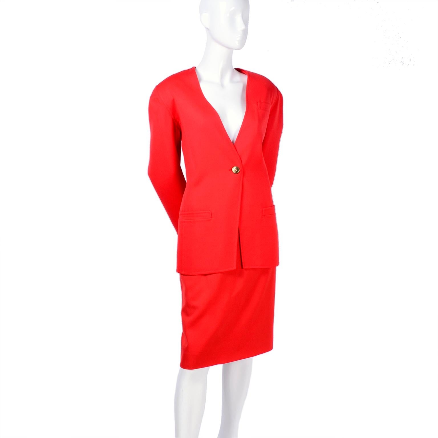 3pc Vintage Bill Blass Red Orange Wool Blazer Pantsuit W/ Skirt Option I Magnin In Excellent Condition For Sale In Portland, OR