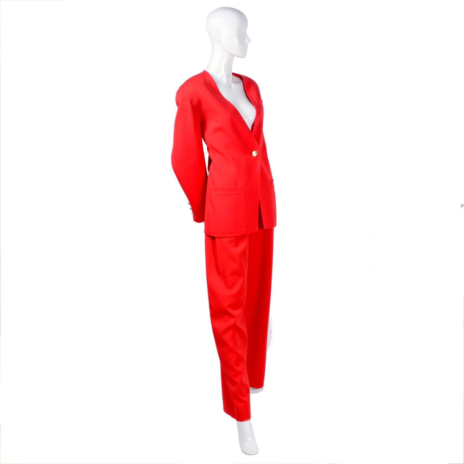 3pc Vintage Bill Blass Red Orange Wool Blazer Pantsuit W/ Skirt Option I Magnin For Sale 4