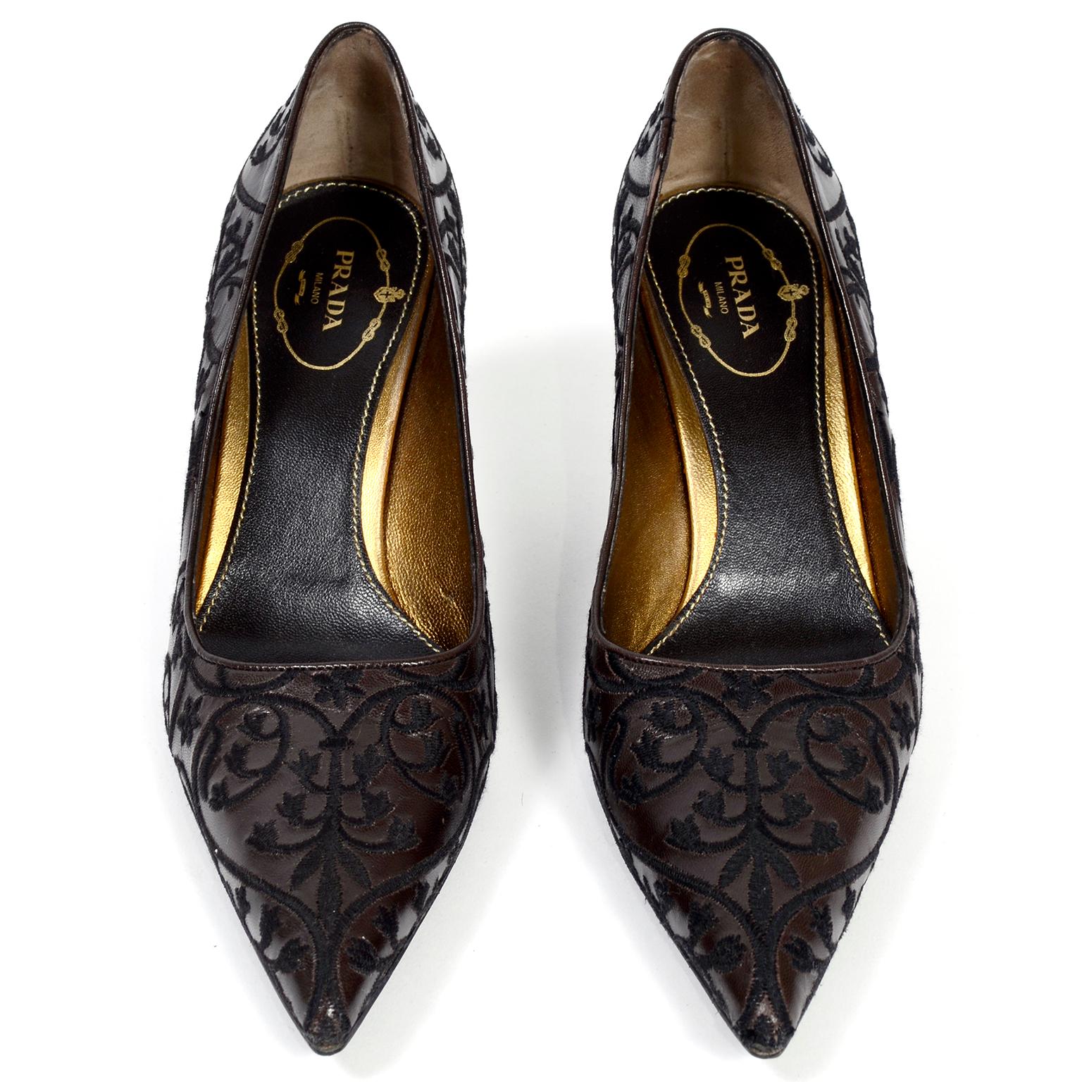 Chaussures Prada à talons brodés en cuir marron foncé, taille 37,5 L 3