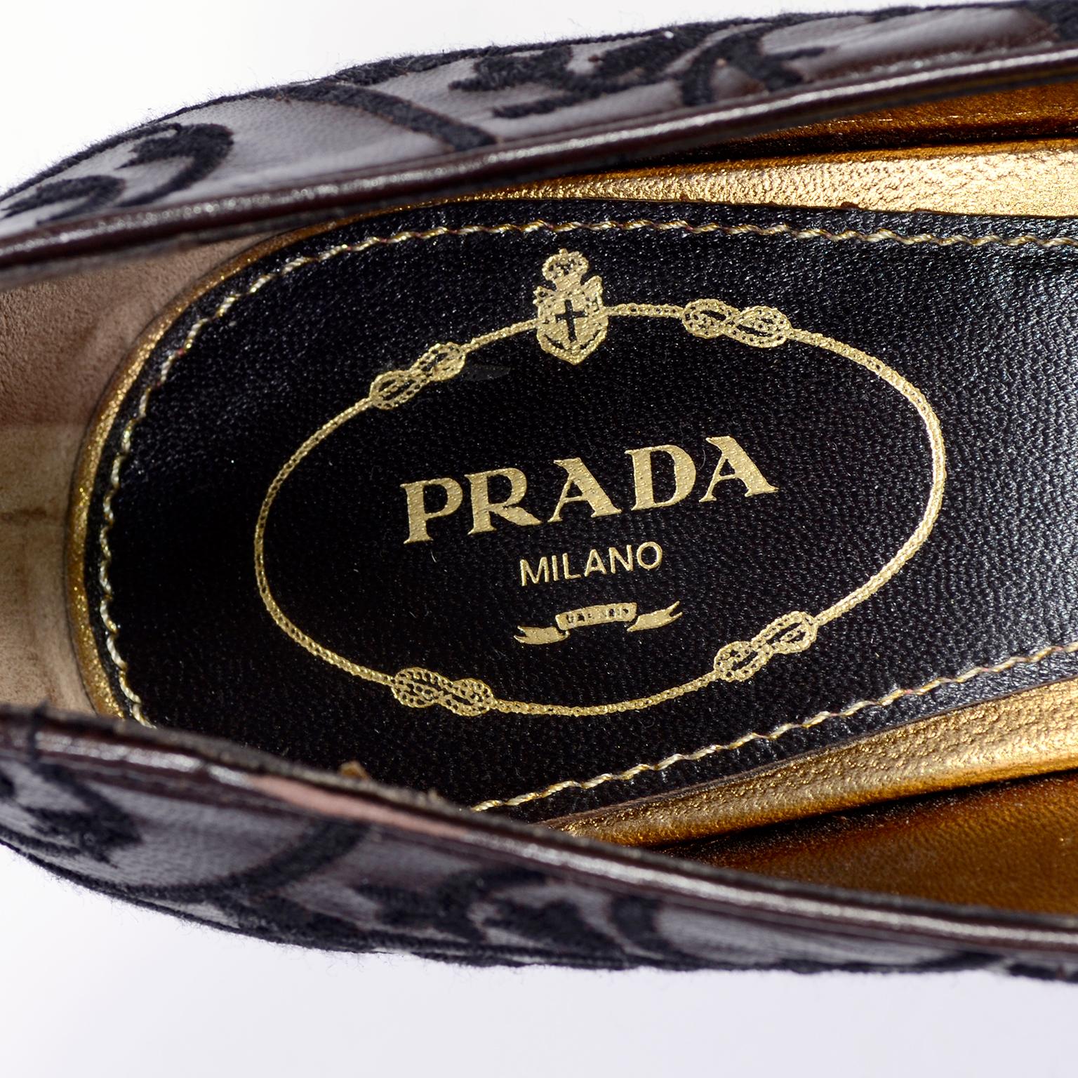 Prada Embroidered Shoes in Dark Brown Leather Size 37.5 W 3