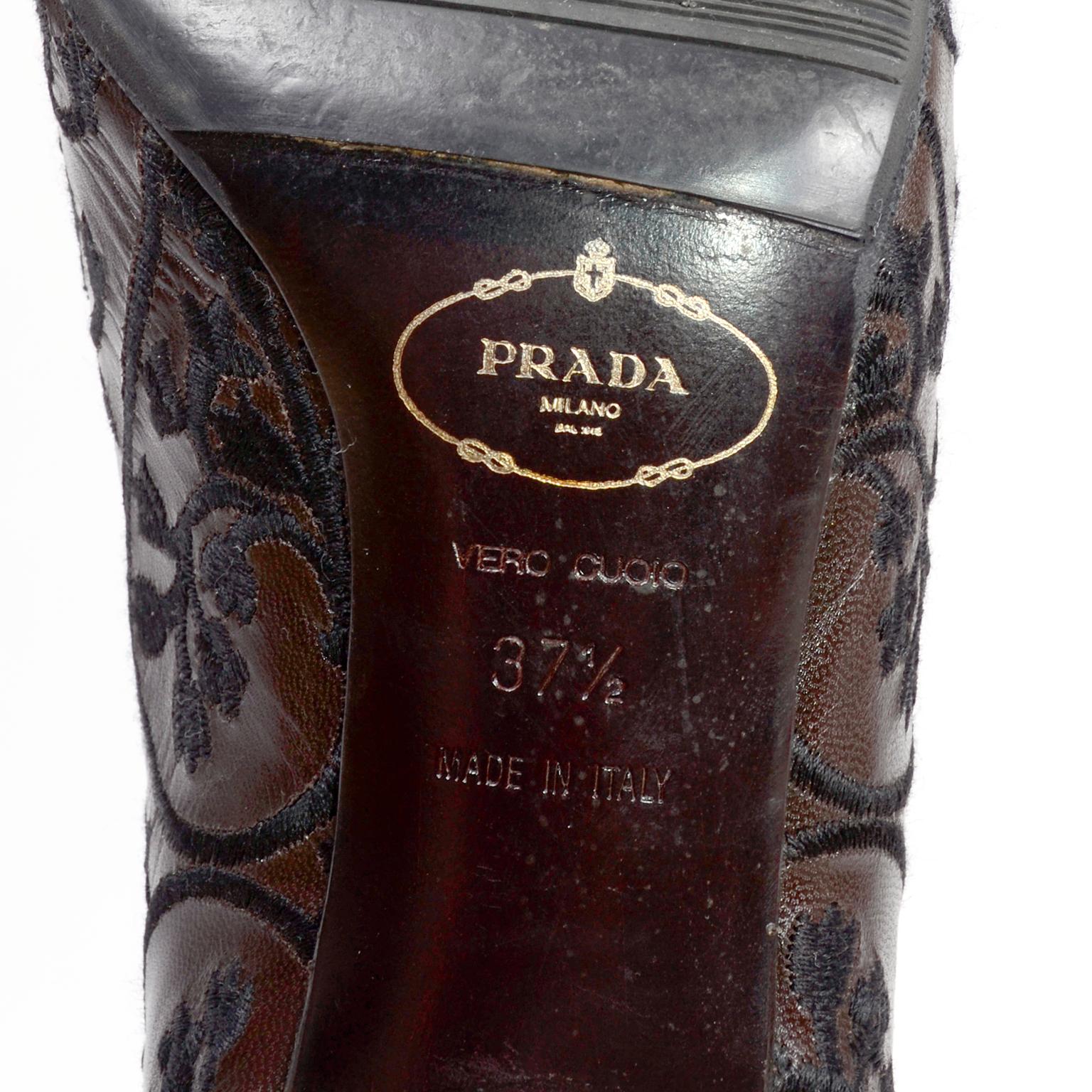 Prada Embroidered Shoes in Dark Brown Leather Size 37.5 W 3