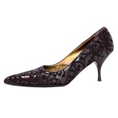 Prada Embroidered Shoes in Dark Brown Leather Size 37.5 W 3" Heels