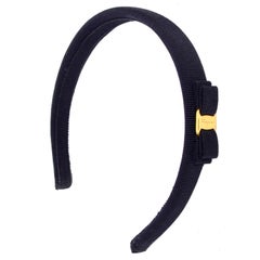 Ferragamo Black Headband with Bow and Monogram Gold Trim