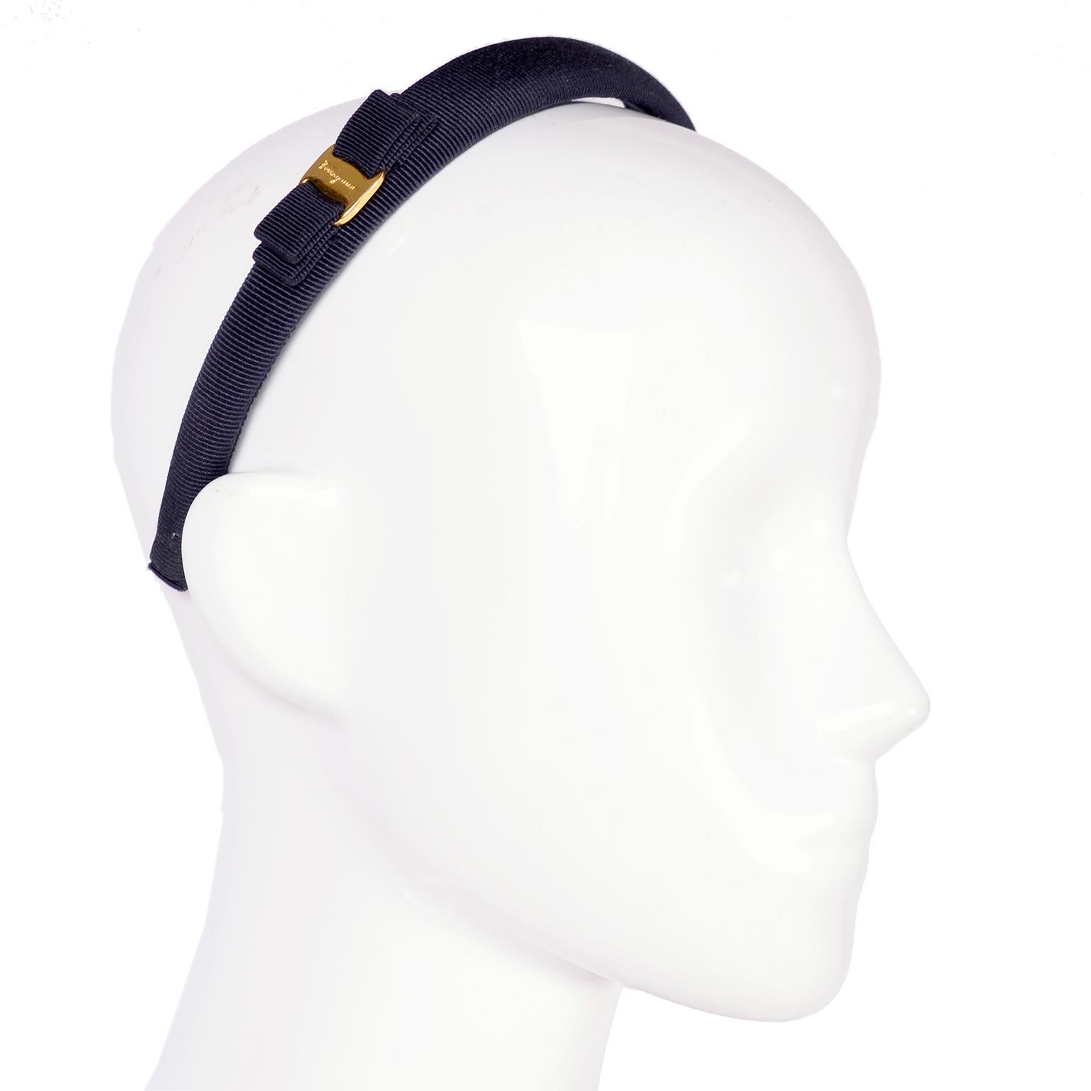 Women's Ferragamo Black Headband with Bow and Monogram Gold Trim