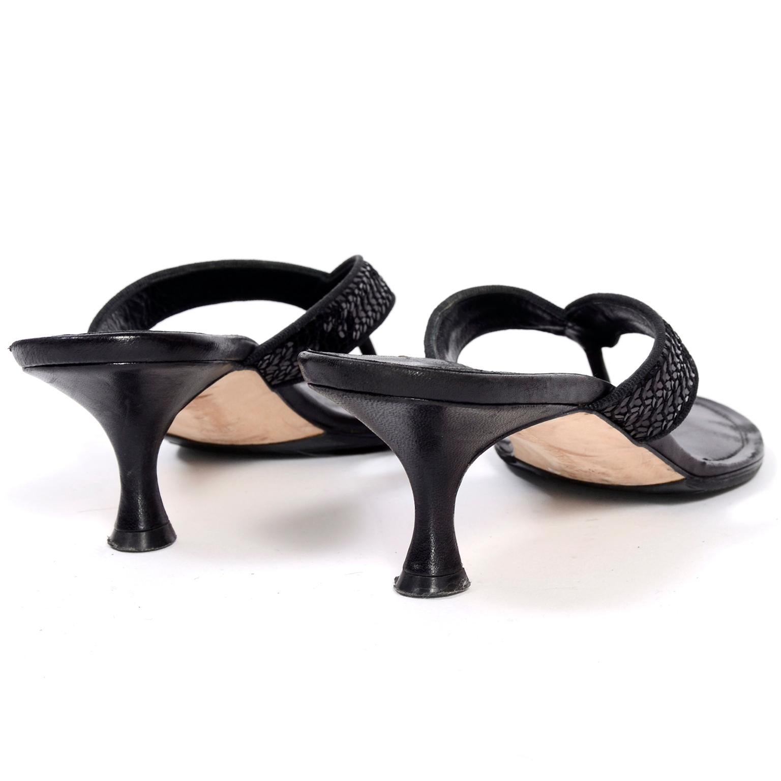 Manolo Blahnik Shoes Black Leather Thong Sandals With Sequins & Heels 38.5 1