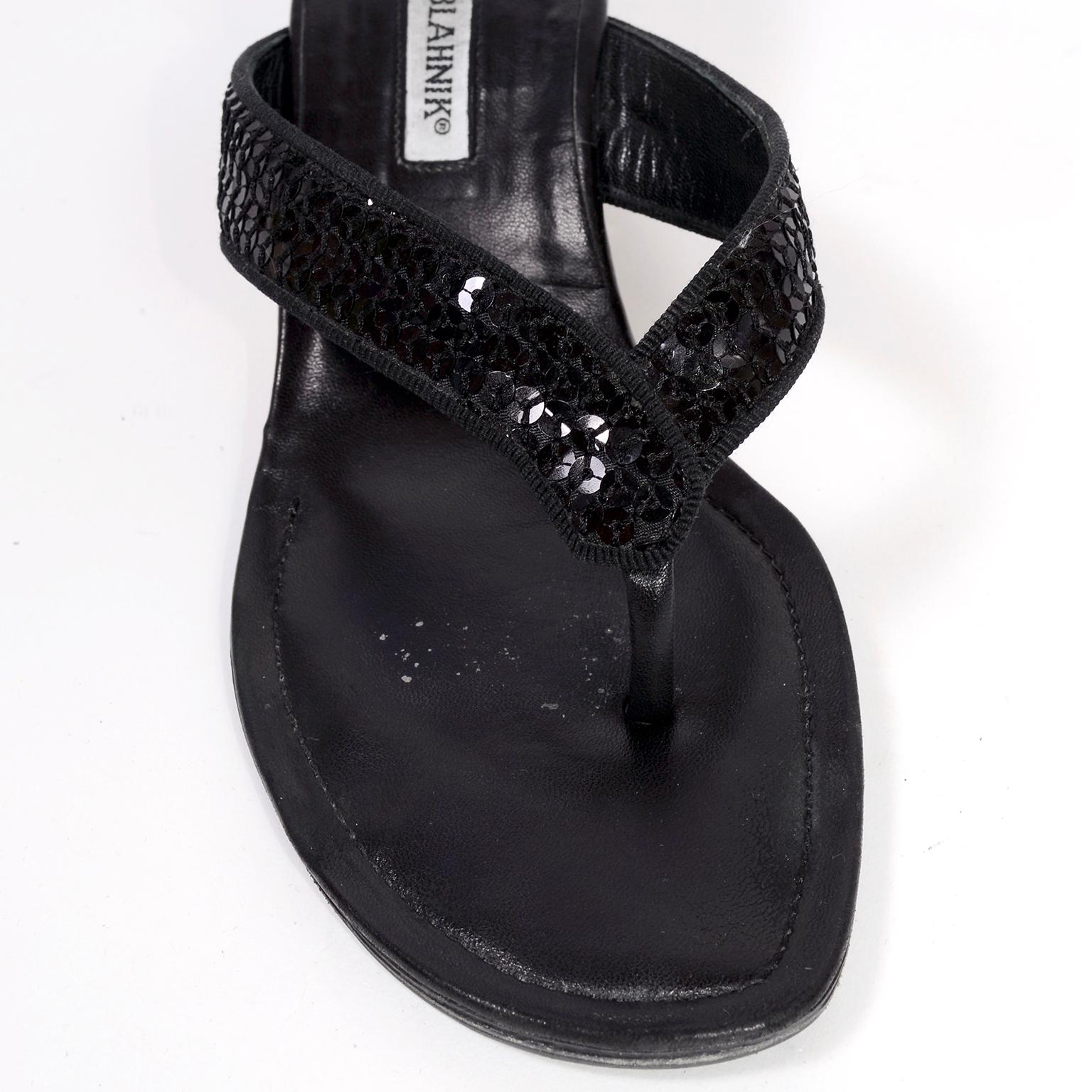 Manolo Blahnik Shoes Black Leather Thong Sandals With Sequins & Heels 38.5 3