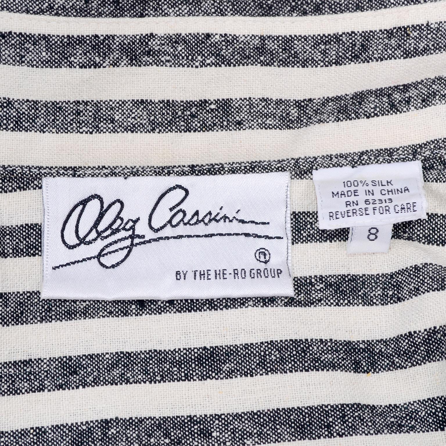 Women's Vintage Oleg Cassini Raw Silk Dress in Gray & White Stripes w/ Drawstring Waist 