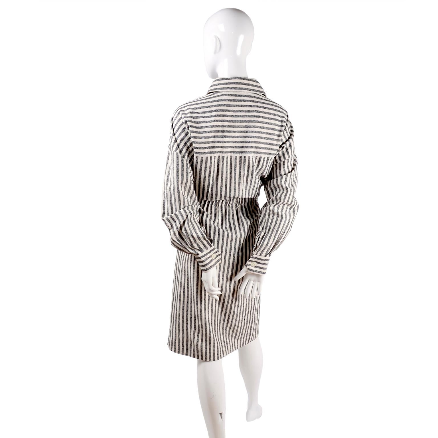 Vintage Oleg Cassini Raw Silk Dress in Gray & White Stripes w/ Drawstring Waist  In Excellent Condition In Portland, OR