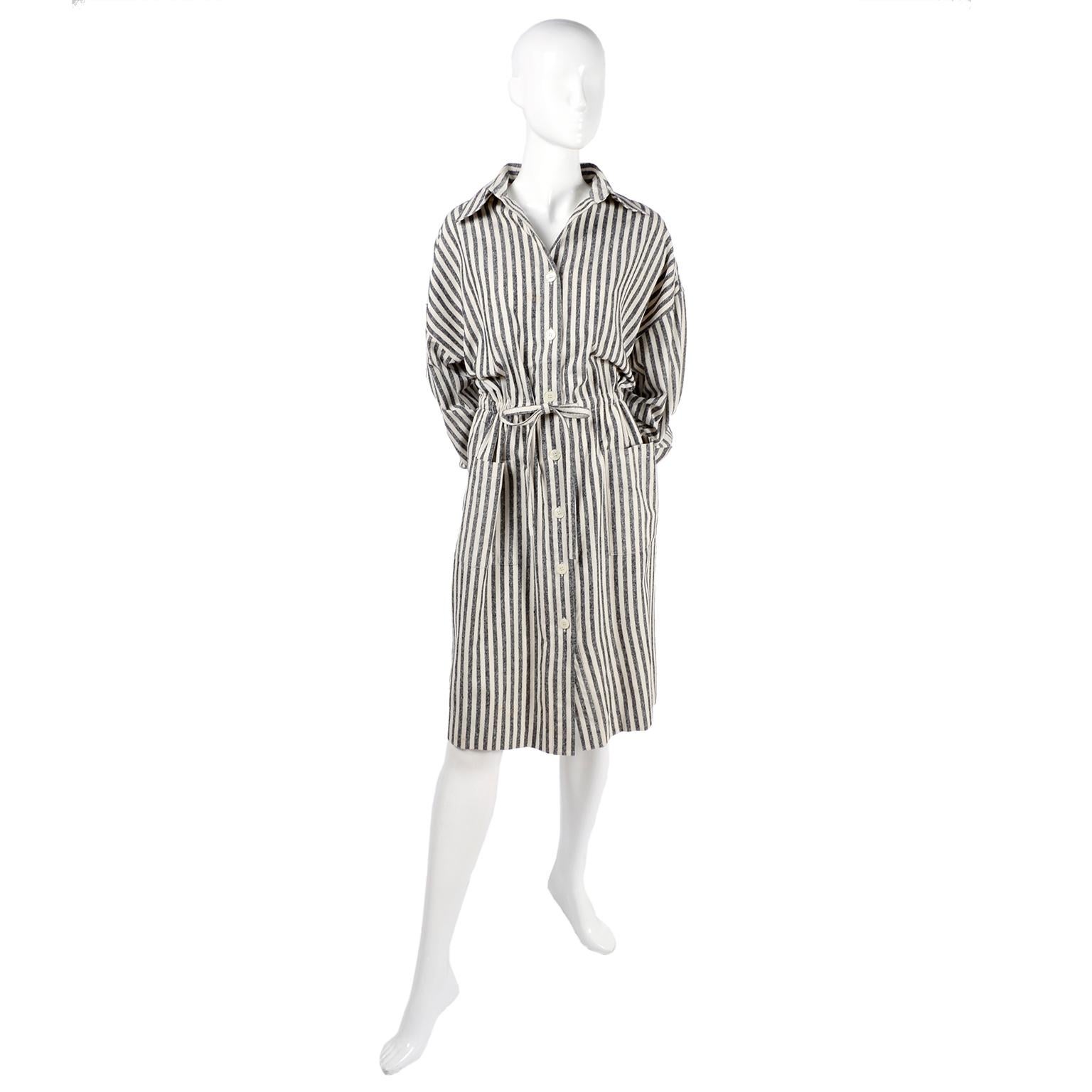 Vintage Oleg Cassini Raw Silk Dress in Gray & White Stripes w/ Drawstring Waist  2