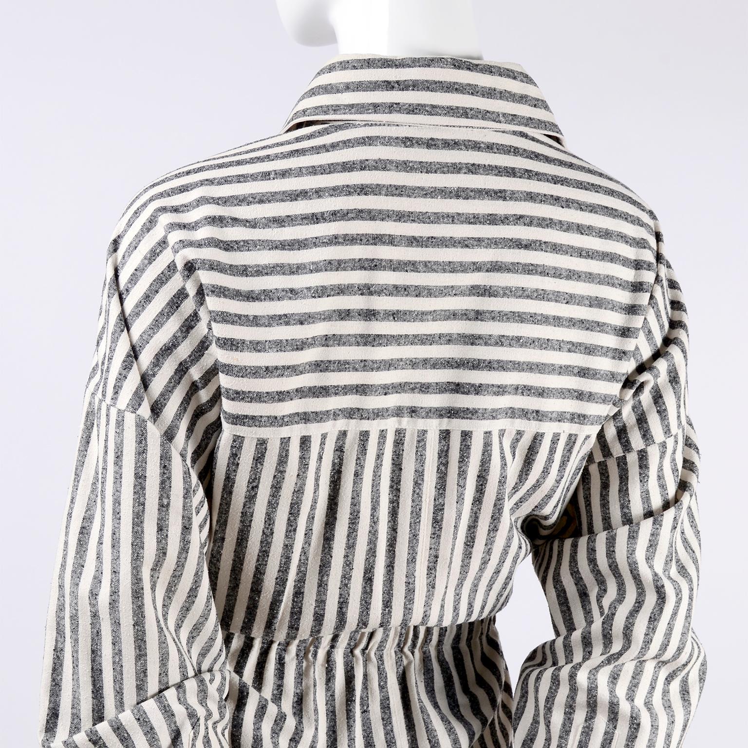 Vintage Oleg Cassini Raw Silk Dress in Gray & White Stripes w/ Drawstring Waist  1