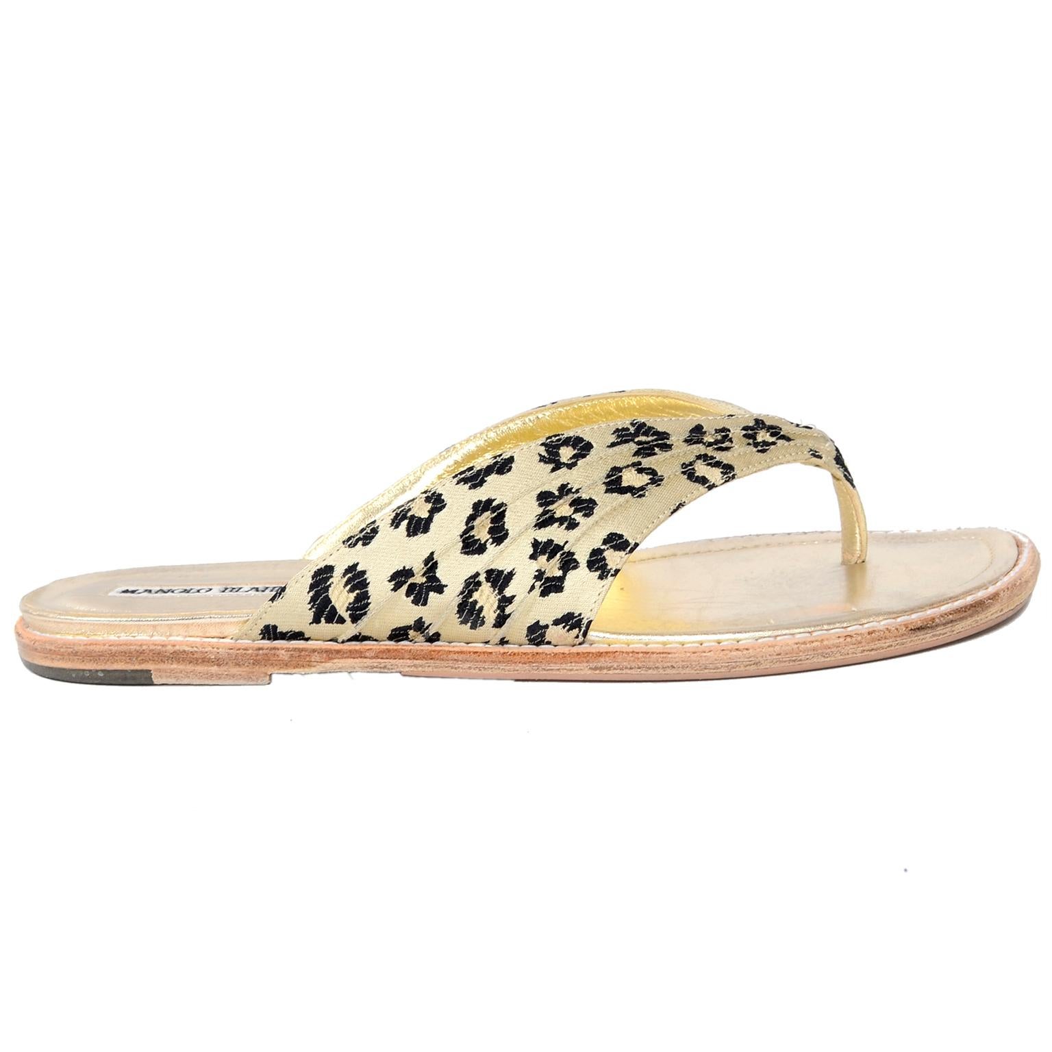 Manolo Blahnik Cheetah Print Gold Thong Sandals Size 38.5 6