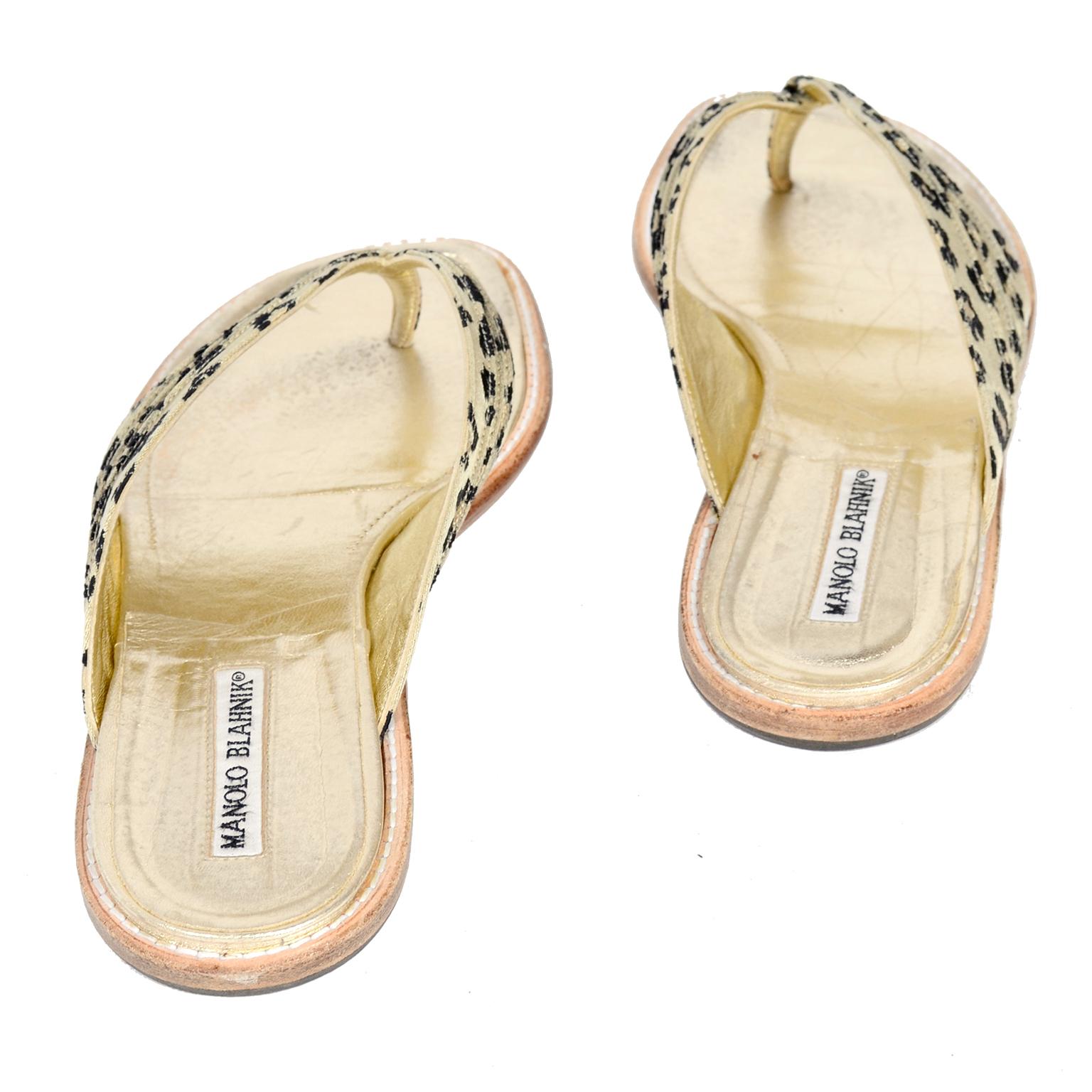 Manolo Blahnik Cheetah Print Gold Thong Sandals Size 38.5 5