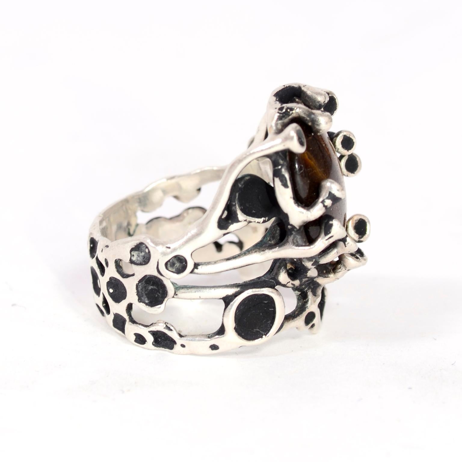 Women's or Men's Lee Peck Modernist Brutalist Sterling Silver Ring W Tigers Eye Cabochon Size 10