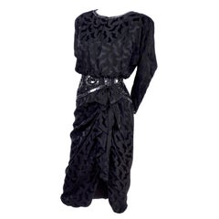 1980s Black Silk A J Bari Vintage Evening Dress With Beads Rhinestones & Sequins