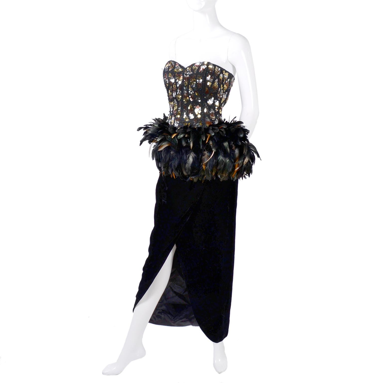 Victor Costa Bergdorf Goodman Beaded Sequined Feathered Vintage Dress   3