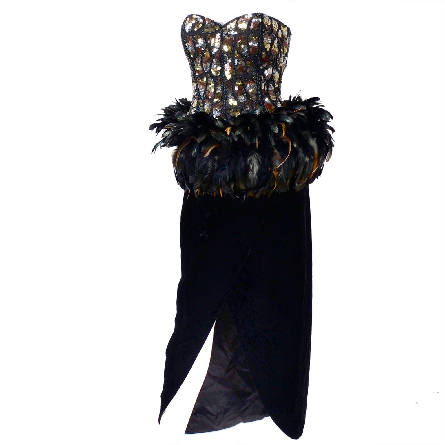 Victor Costa Bergdorf Goodman Beaded Sequined Feathered Vintage Dress  