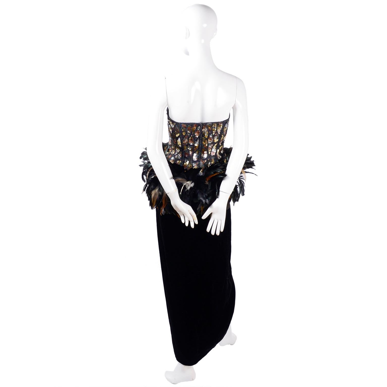 Victor Costa Bergdorf Goodman Beaded Sequined Feathered Vintage Dress   In Excellent Condition In Portland, OR
