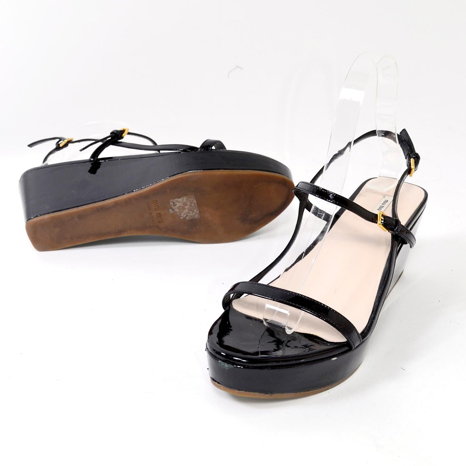 Women's or Men's Black Patent Leather Miu Miu Sandals Platform Wedge Shoes Size 38