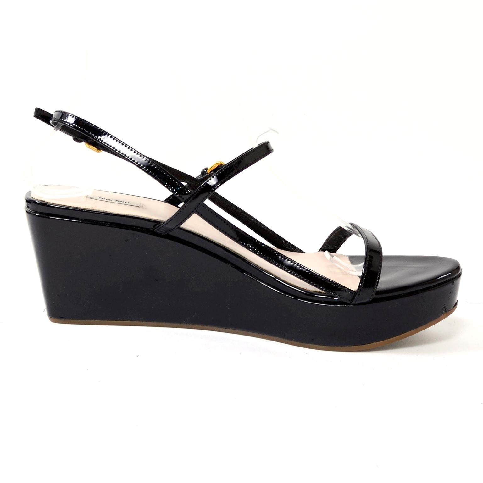 Black Patent Leather Miu Miu Sandals Platform Wedge Shoes Size 38 3