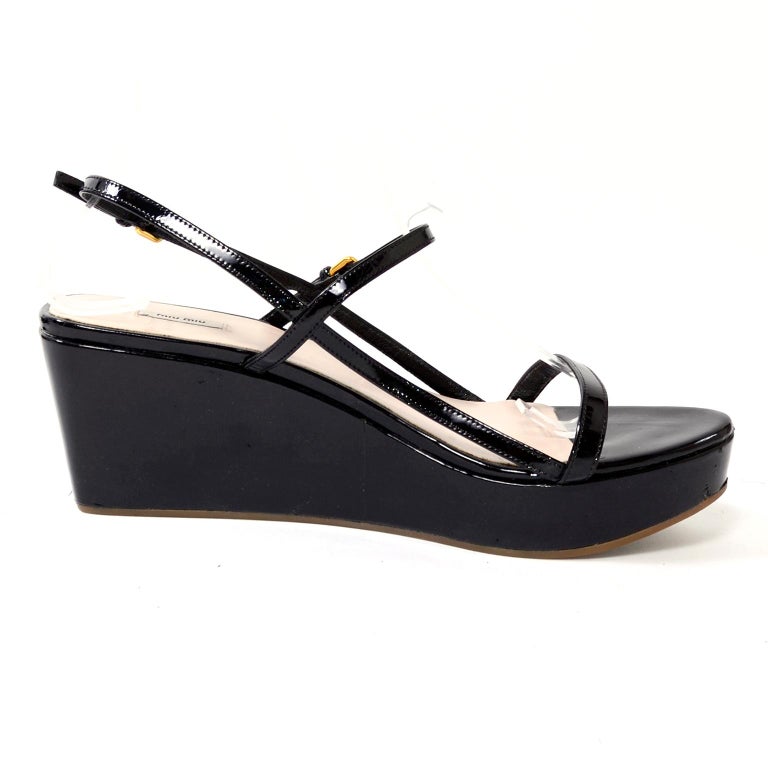 Black Patent Leather Miu Miu Sandals Platform Wedge Shoes Size 38 at ...
