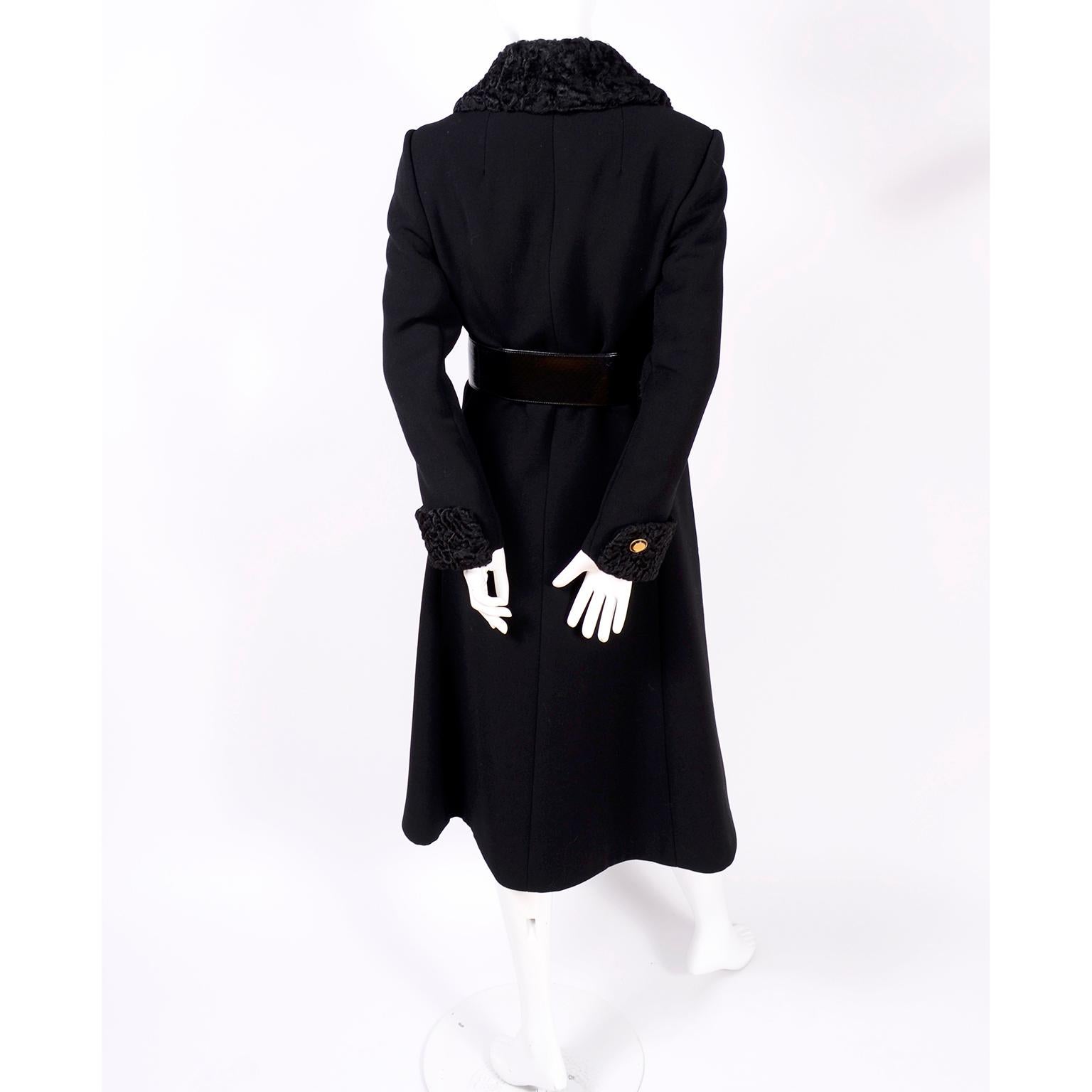 1970s Givenchy Vintage Coat in Black Wool W Curly Lambswool Trim & Belt 8 In Excellent Condition In Portland, OR