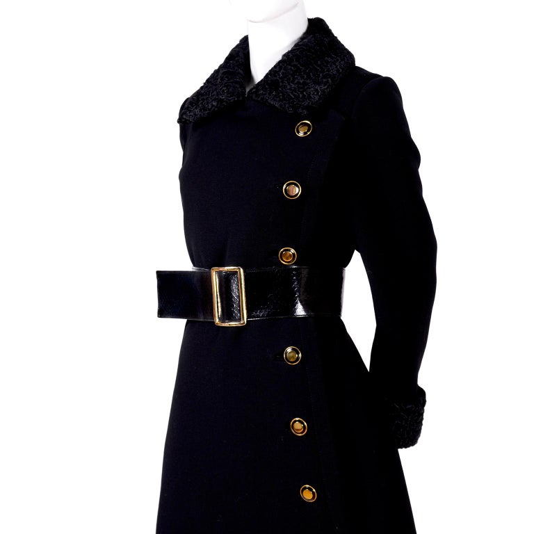 1970s Givenchy Vintage Coat in Black Wool W Curly Lambswool Trim and
