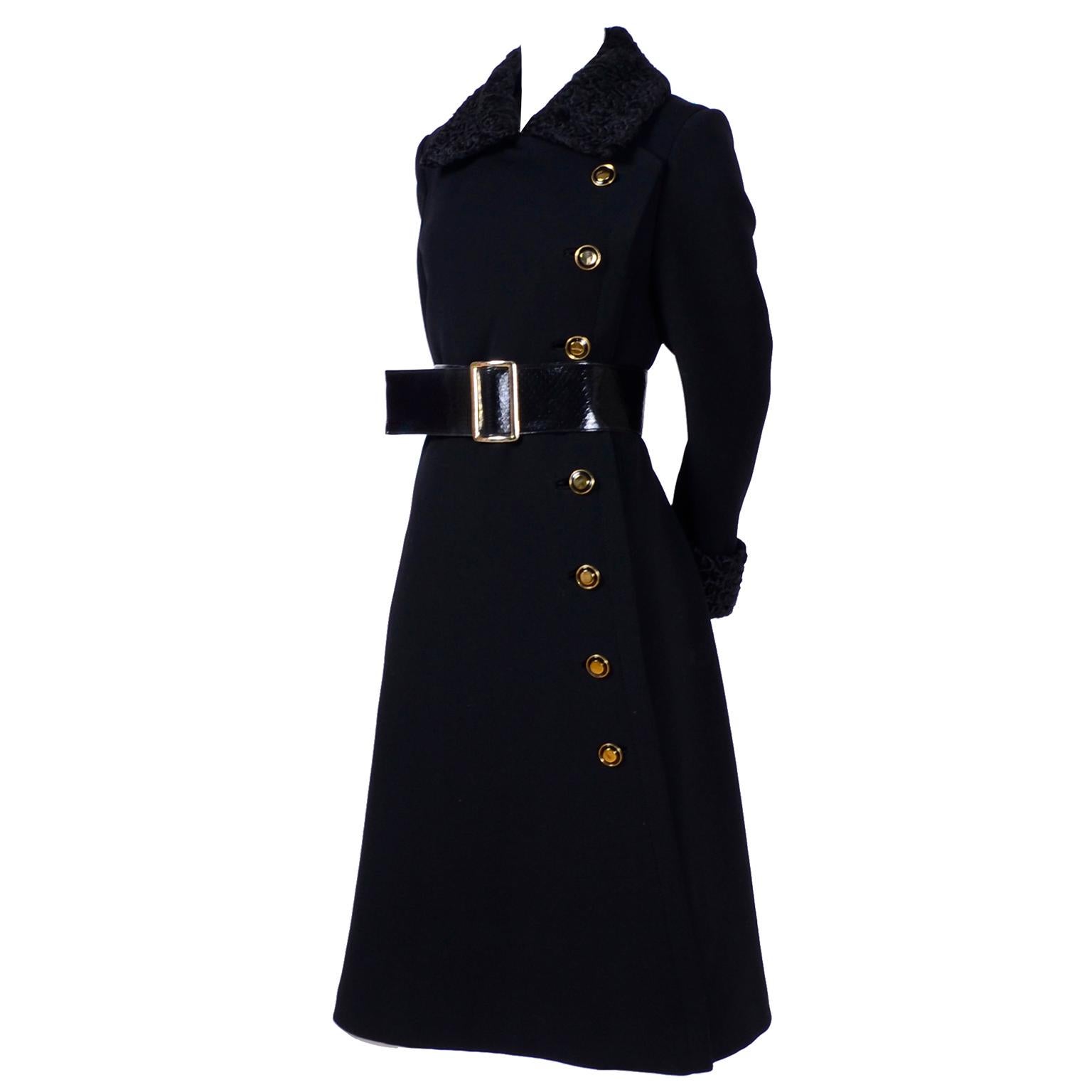 1970s Givenchy Vintage Coat in Black Wool W Curly Lambswool Trim & Belt 8