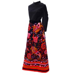 1960s Dynasty I Magnin Vintage Black Velvet Dress in Pink & Orange Floral Print