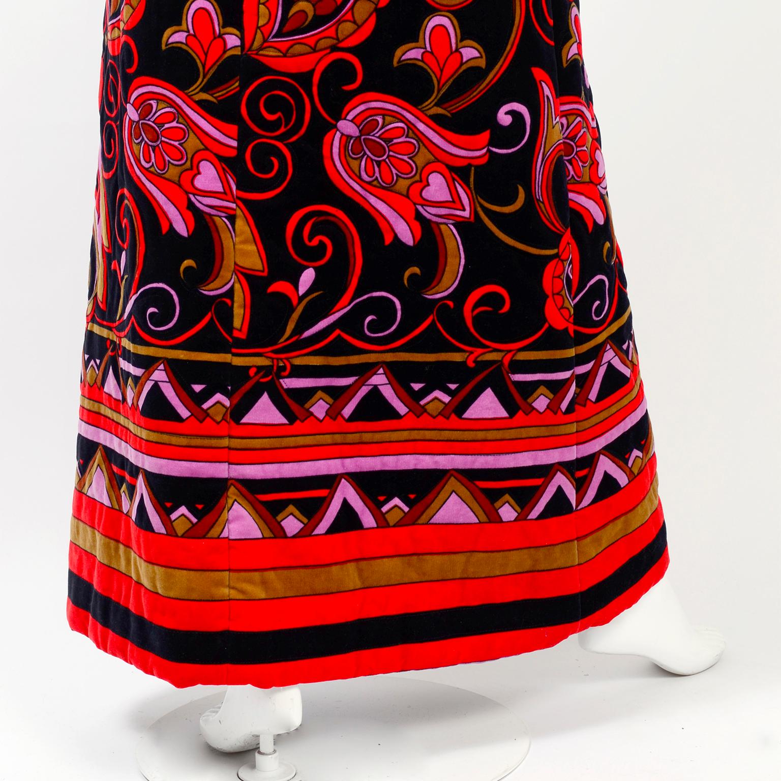 1960s Dynasty I Magnin Vintage Black Velvet Dress in Pink & Orange Floral Print 3