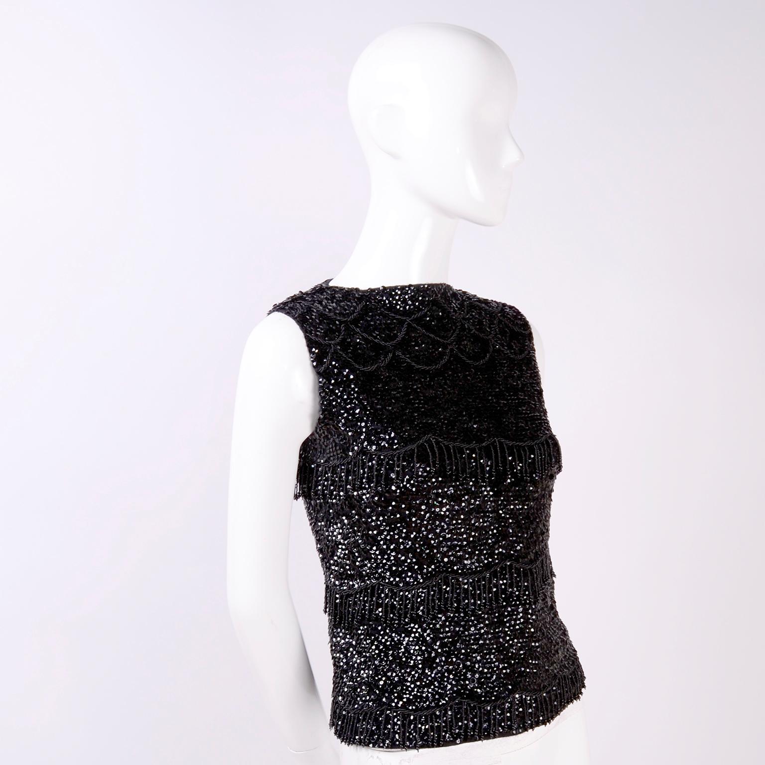 1960s Black Beaded Vintage Top With Fringe Made in Hong Kong 3