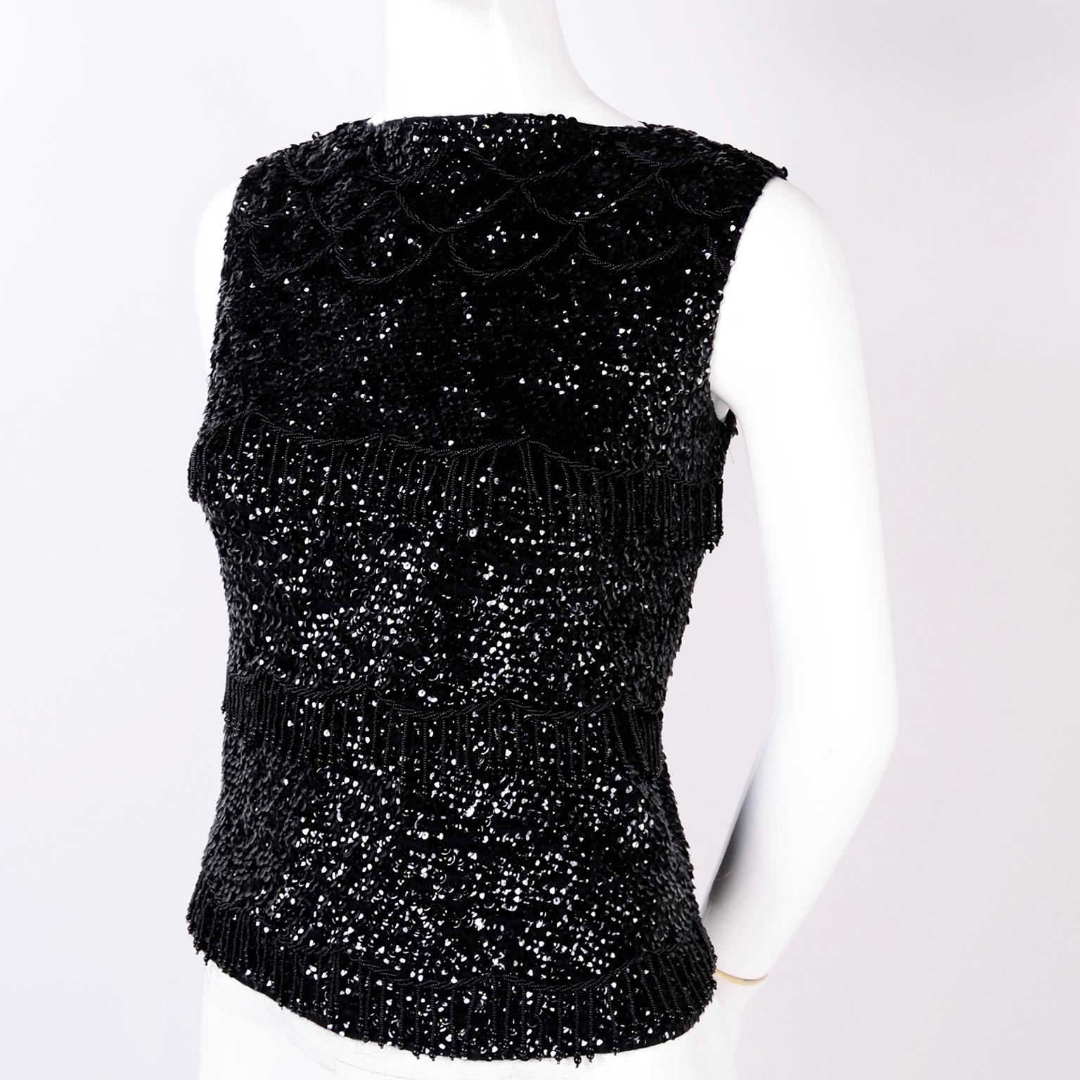 Women's 1960s Black Beaded Vintage Top With Fringe Made in Hong Kong