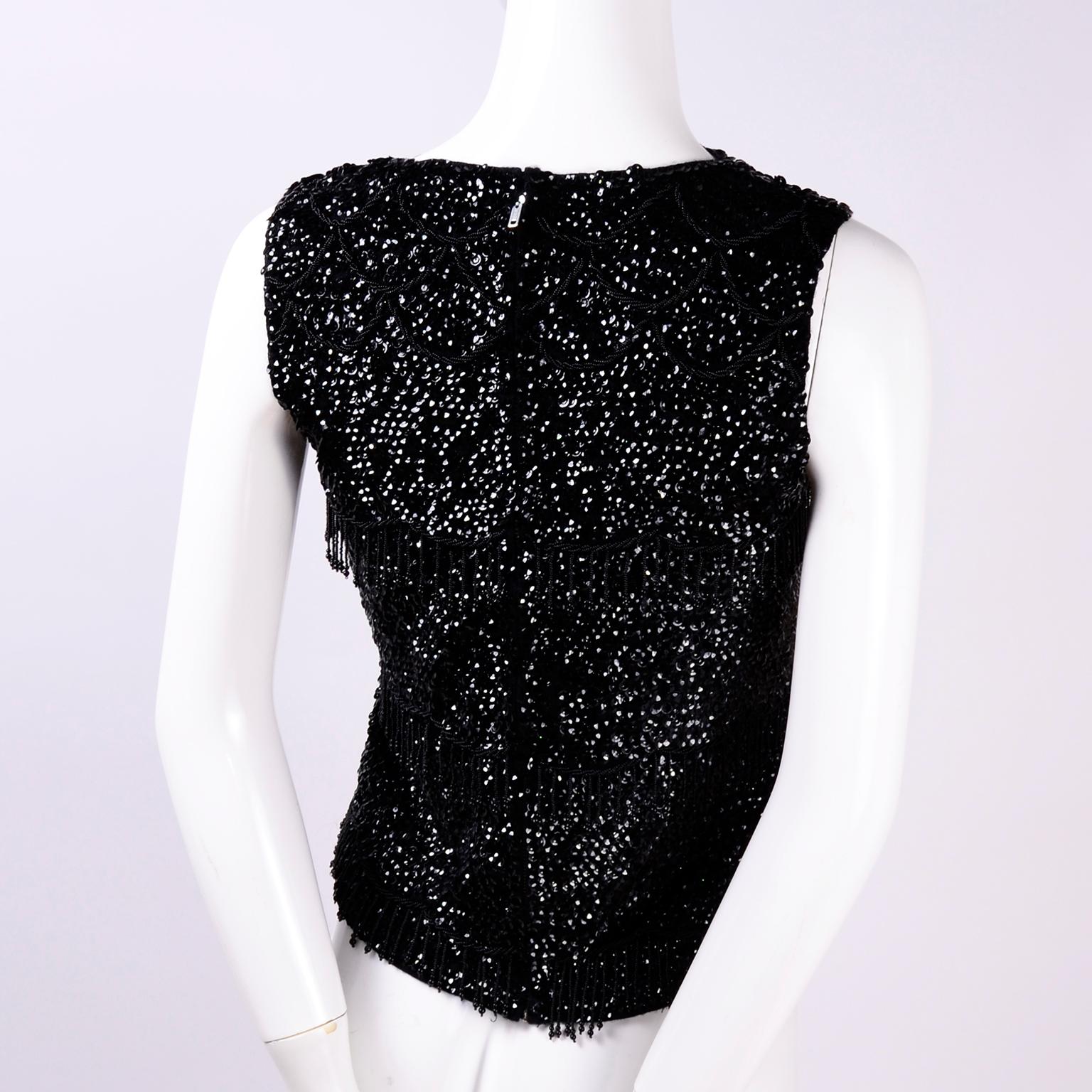 1960s Black Beaded Vintage Top With Fringe Made in Hong Kong 1