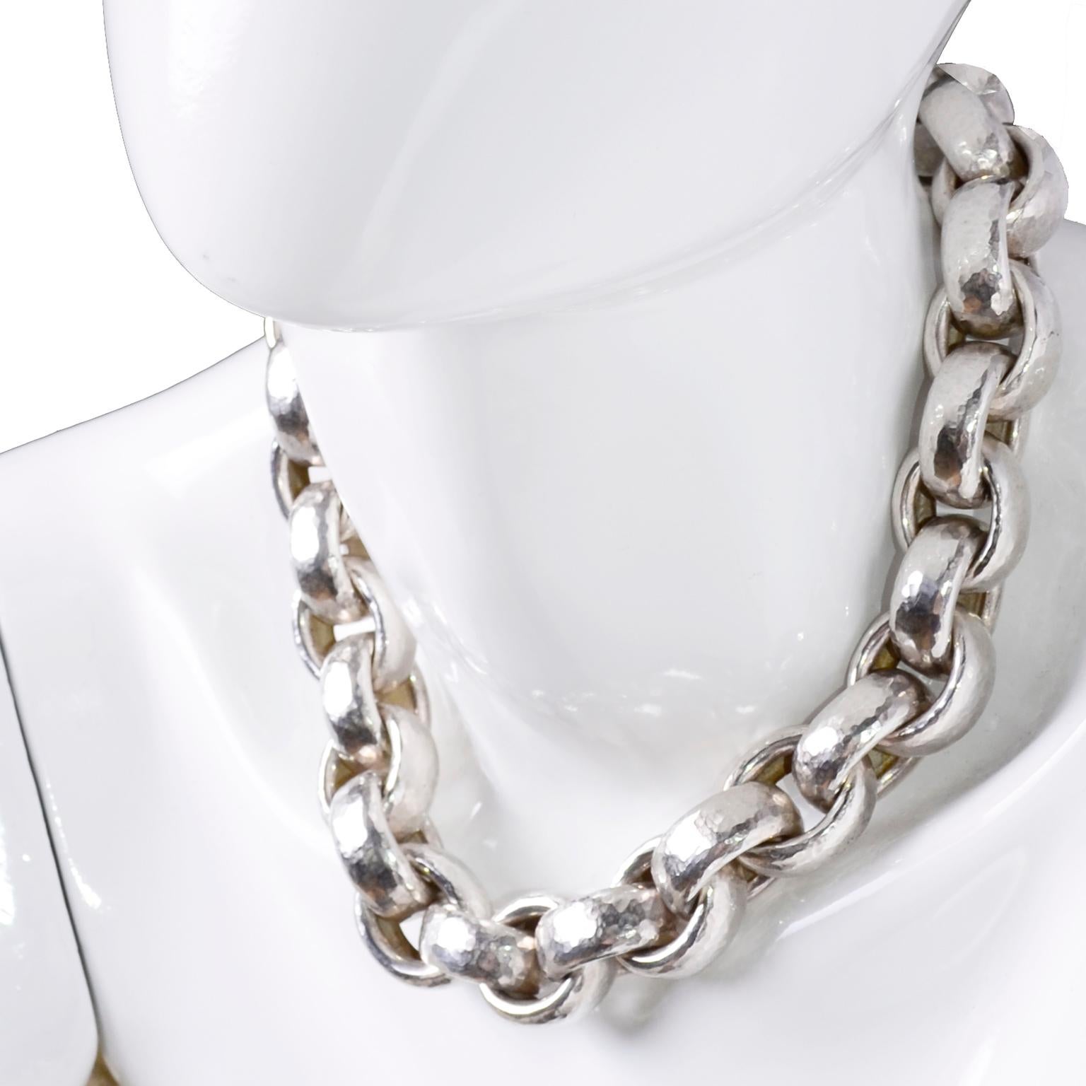 Stunningly beautiful chunky hammered sterling silver link necklace designed by Paloma Picasso in 1989 for Tiffany & Co.  The necklace is 20” long and the links are 3/8” wide and an inch and 1/8 “ long. Marked 995 T & Co Sterling Paloma Picasso 1989.