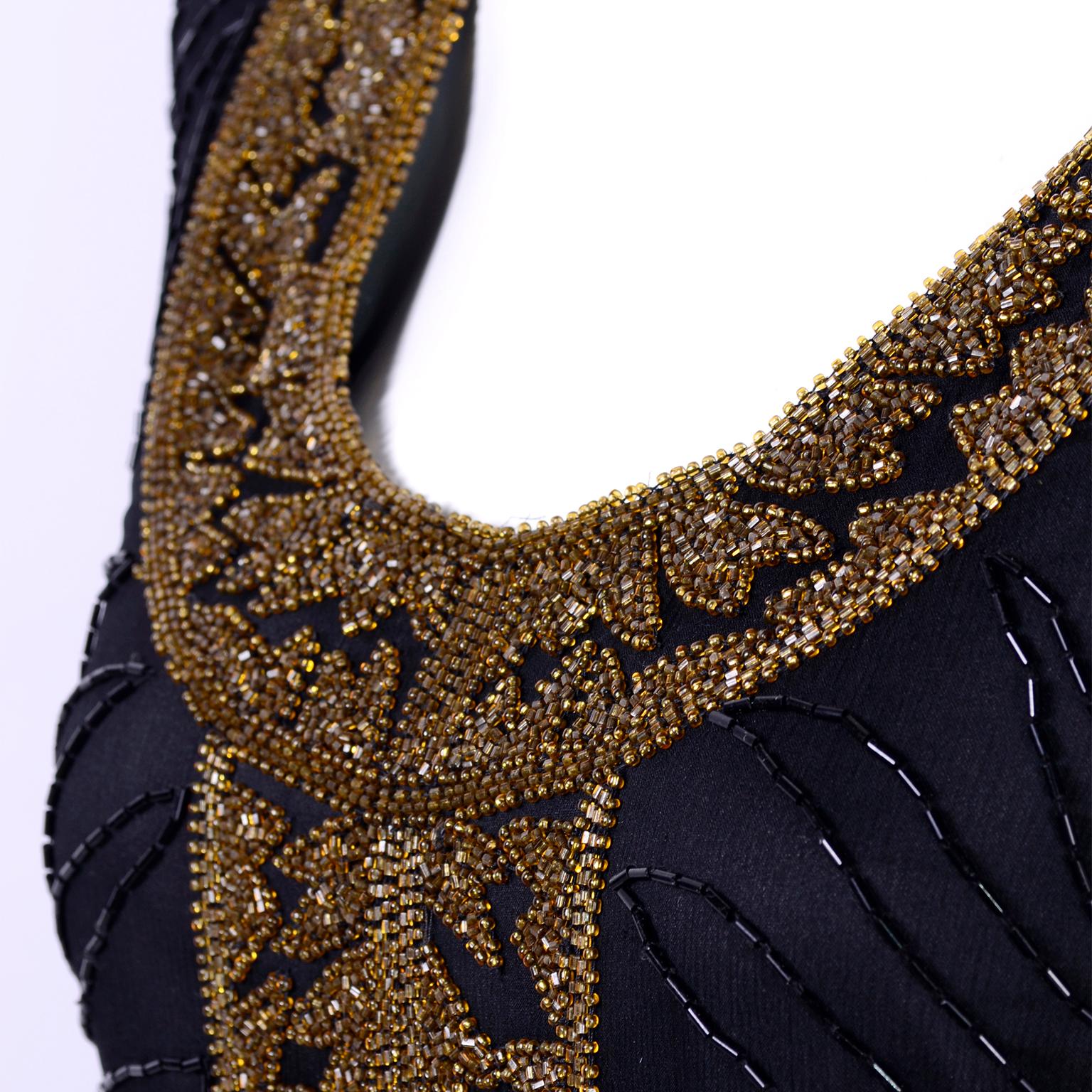 Vintage 1980s Black Silk Dress Heavily Beaded W Black & Gold Bronze Beads  In Excellent Condition For Sale In Portland, OR