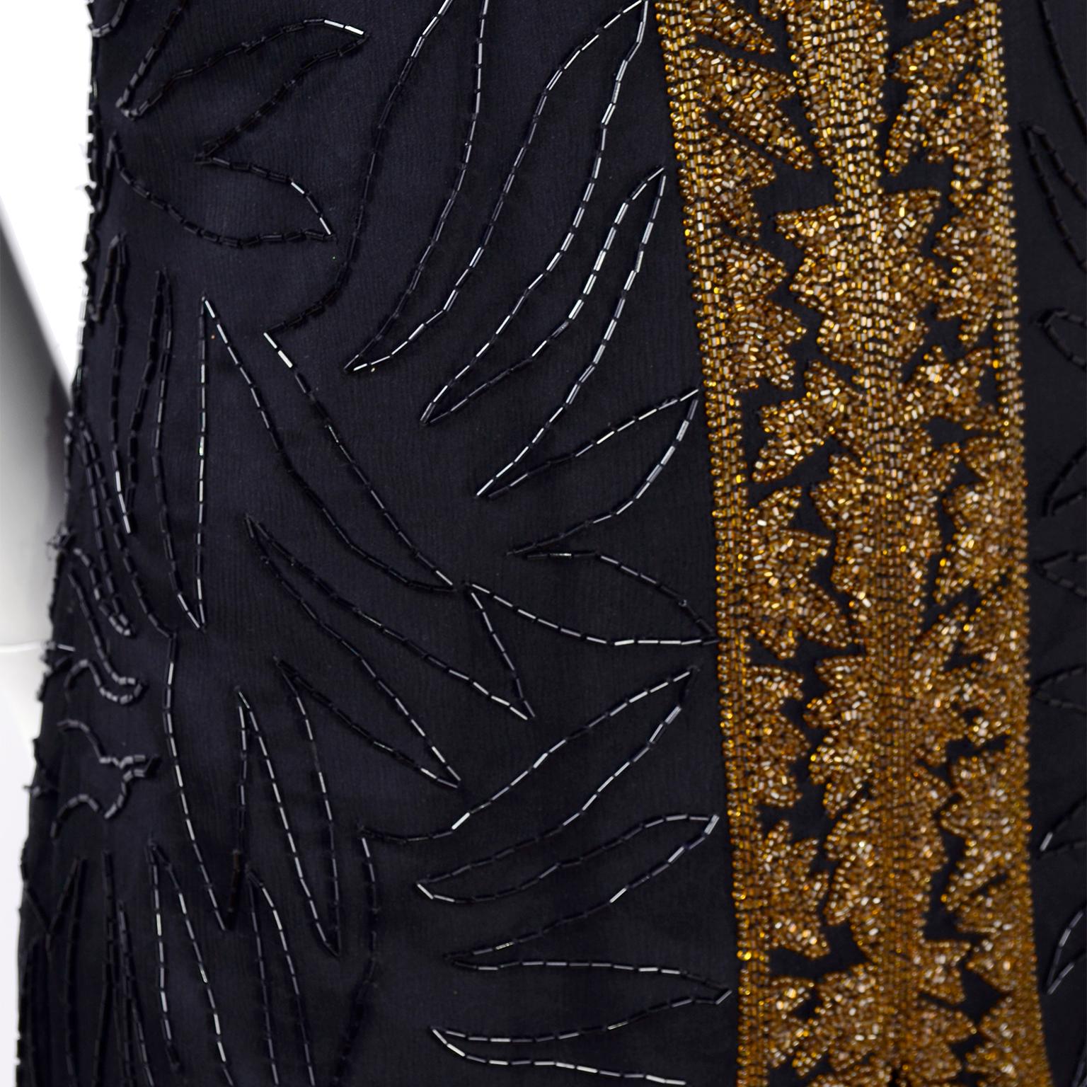 Vintage 1980s Black Silk Dress Heavily Beaded W Black & Gold Bronze Beads  For Sale 2