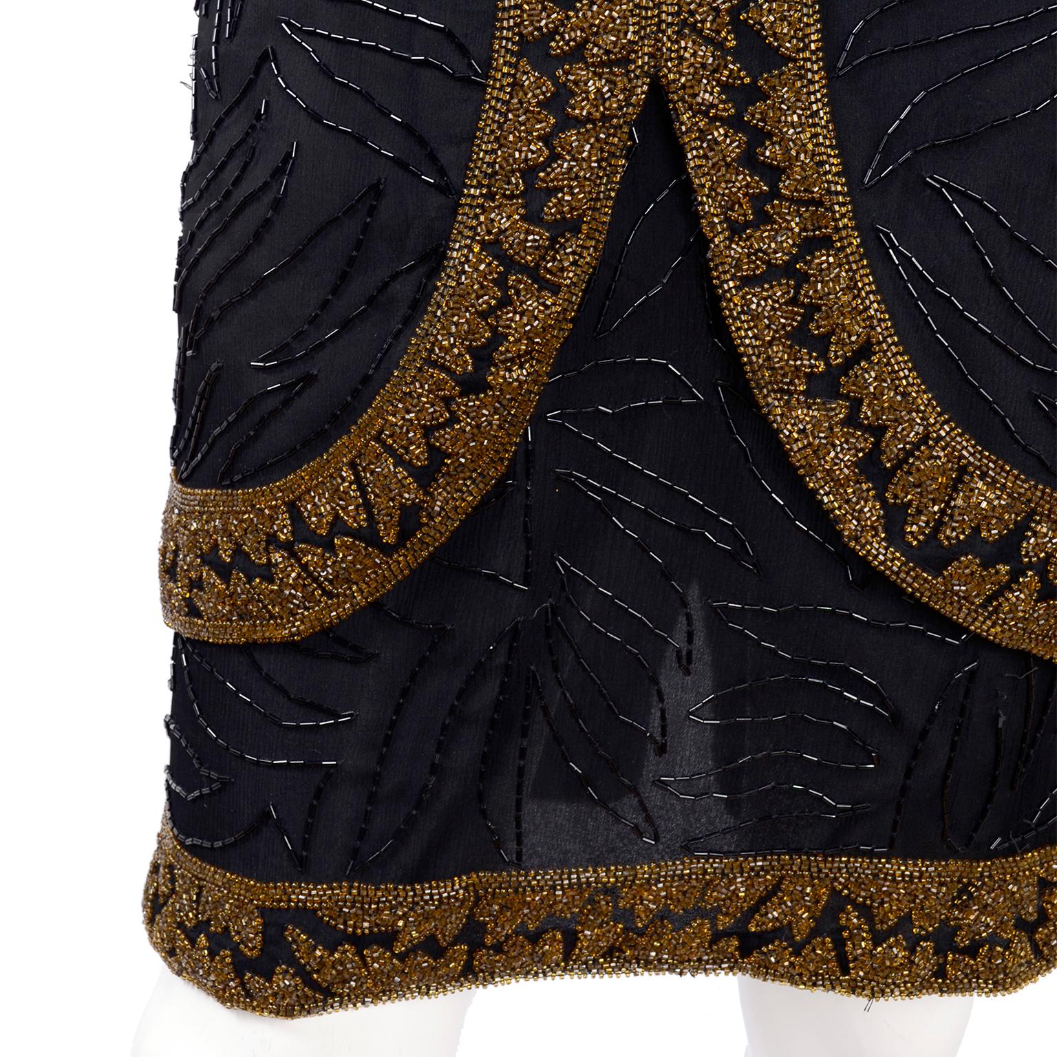 Women's Vintage 1980s Black Silk Dress Heavily Beaded W Black & Gold Bronze Beads  For Sale