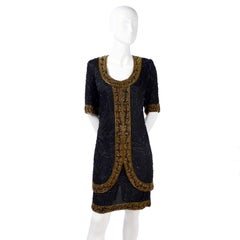 Vintage 1980s Black Silk Dress Heavily Beaded W Black & Gold Bronze Beads