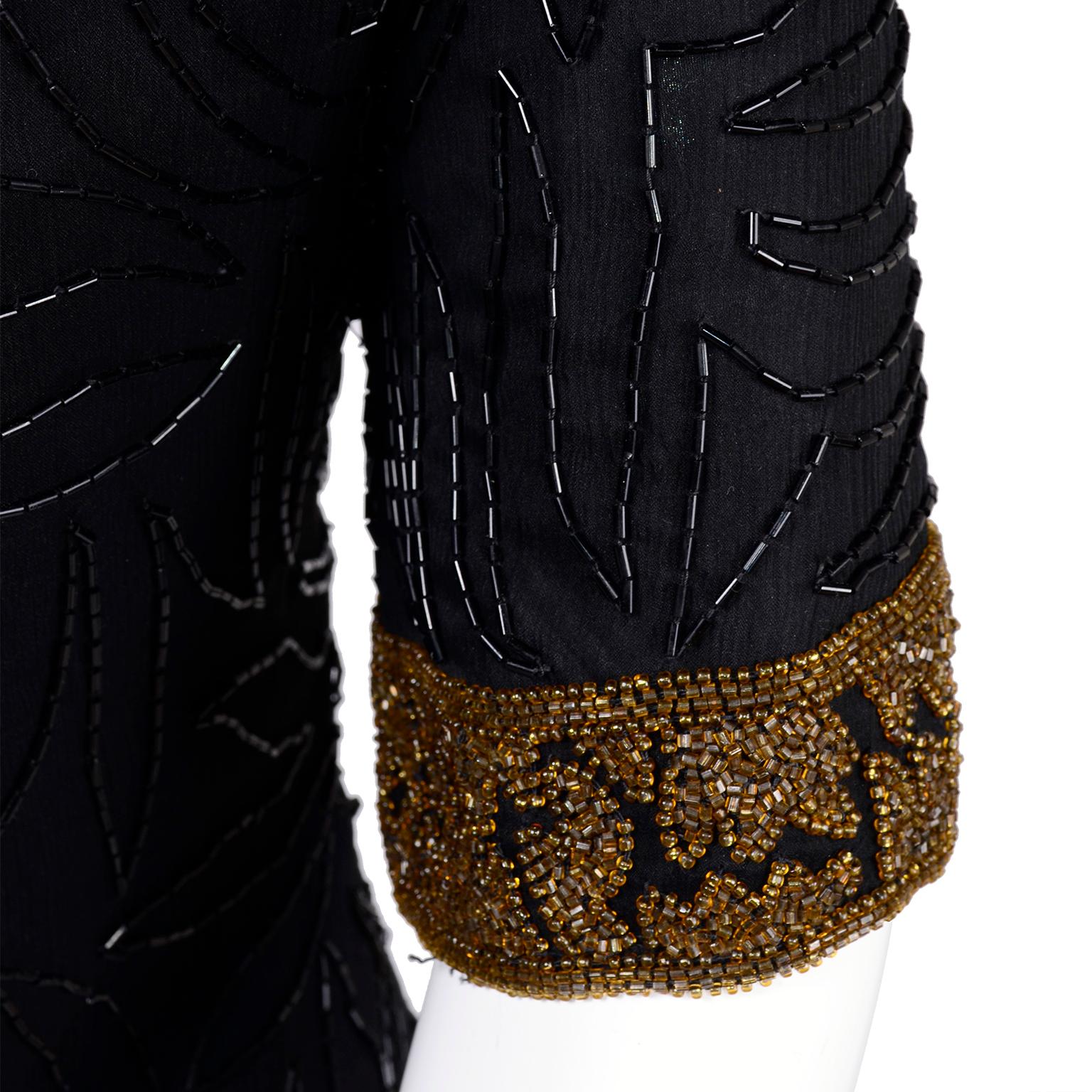 Vintage 1980s Black Silk Dress Heavily Beaded W Black & Gold Bronze Beads  For Sale 3