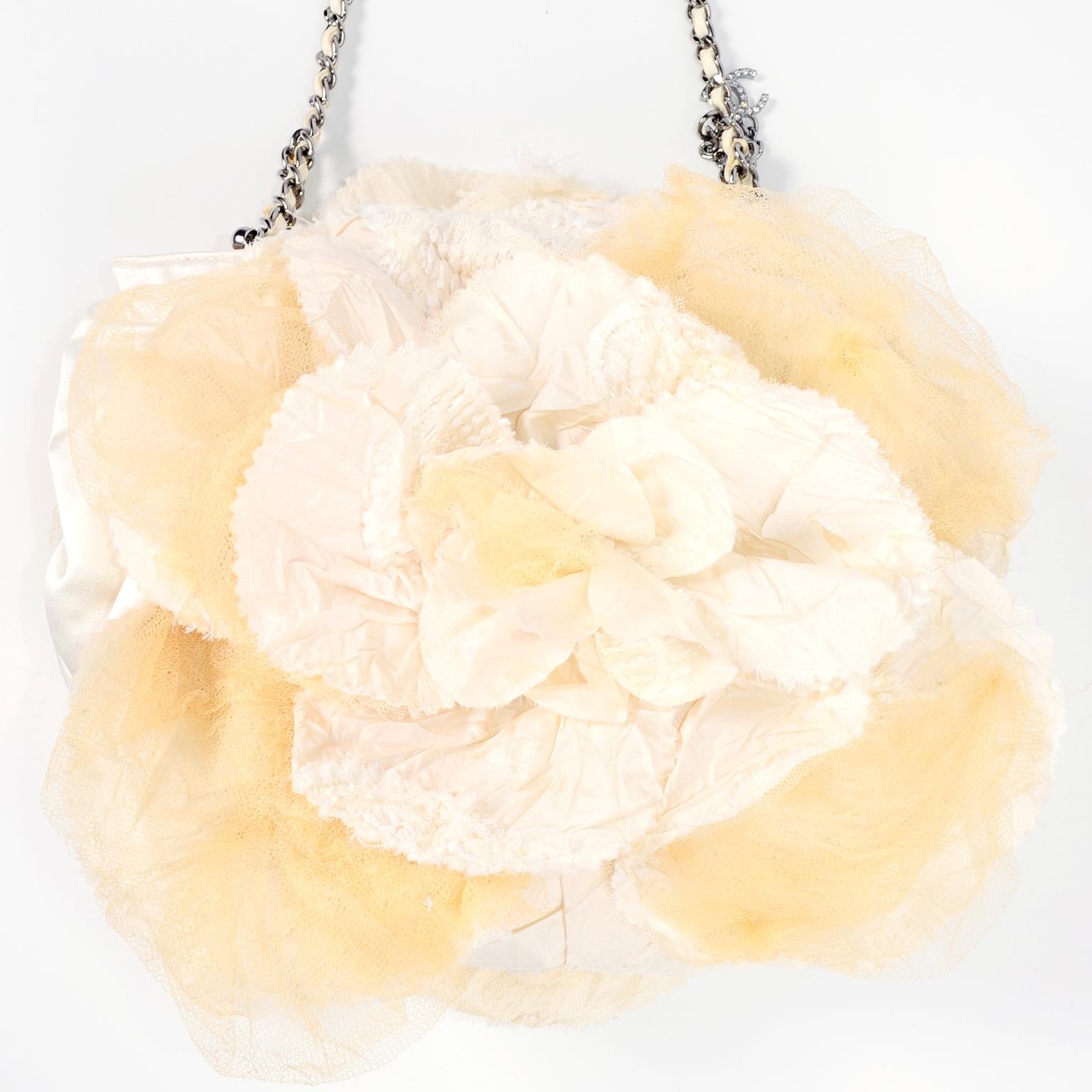 Chanel Camellia Handbag in Ivory & Cream Silk & Tulle W/ Chain Strap 4