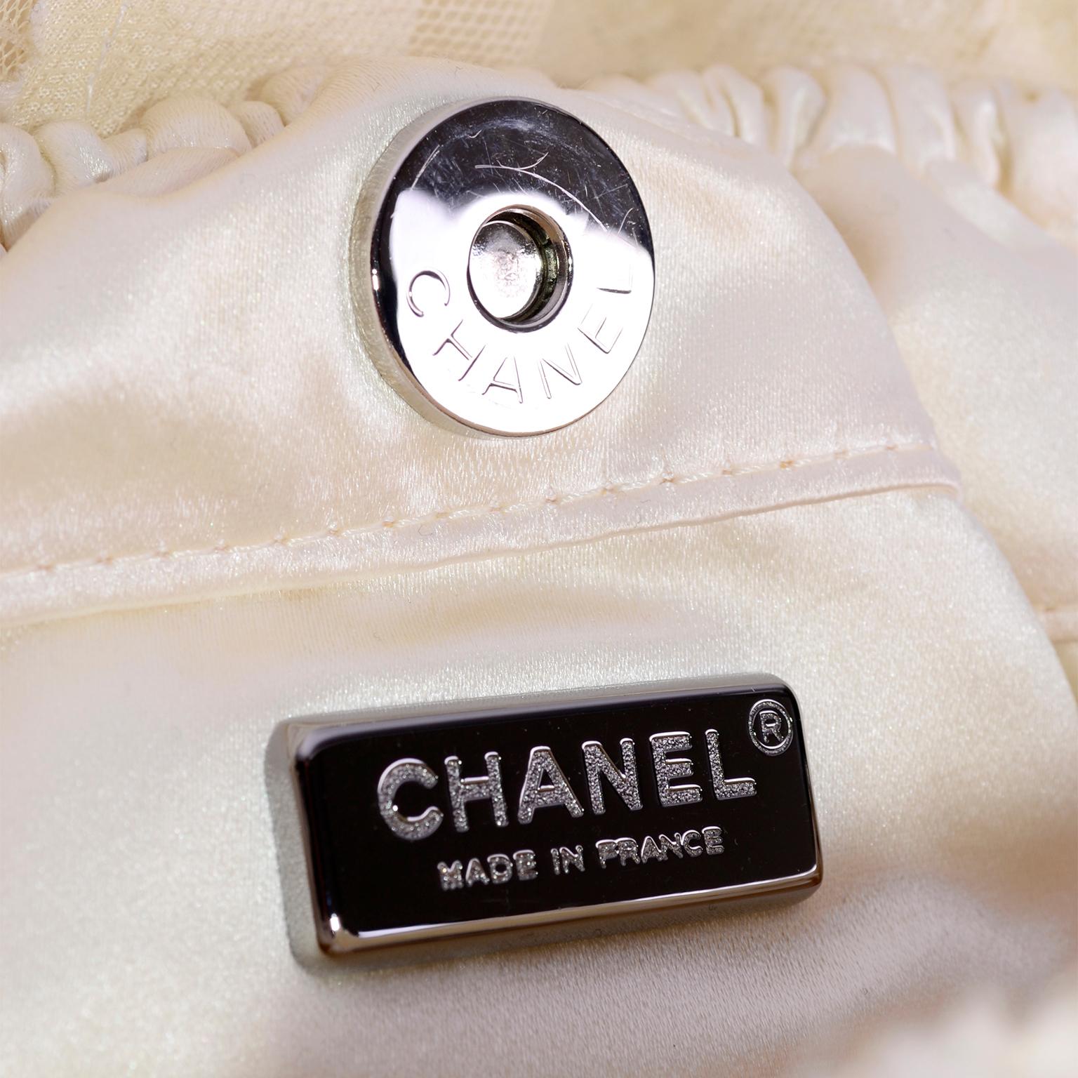 Chanel Camellia Handbag in Ivory & Cream Silk & Tulle W/ Chain Strap 3