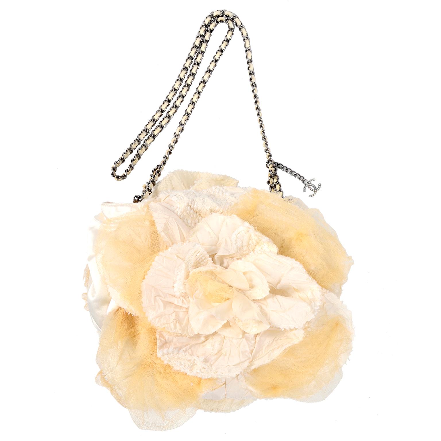 Chanel Camellia Handbag in Ivory & Cream Silk & Tulle W/ Chain Strap