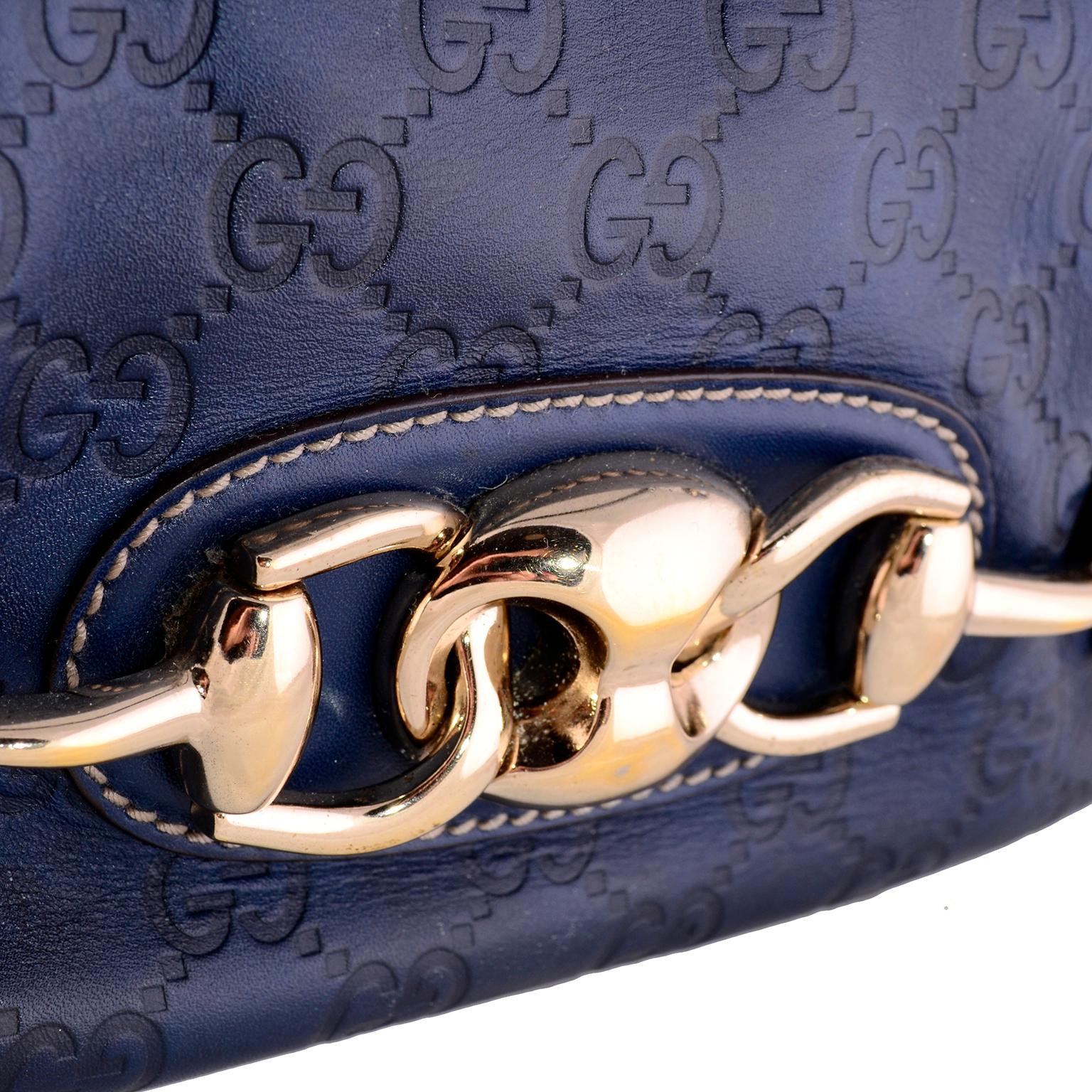 Women's Gucci Guccissima Blue Leather Wave Boston Bag Bamboo Zipper Pulls