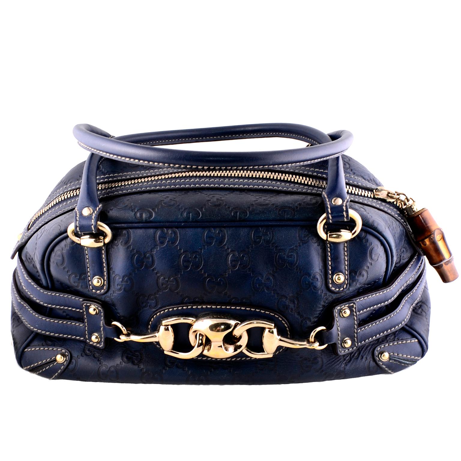 Gucci Guccissima Blue Leather Wave Boston Bag Bamboo Zipper Pulls 2