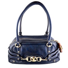 Gucci Guccissima Blue Leather Wave Boston Bag Bamboo Zipper Pulls